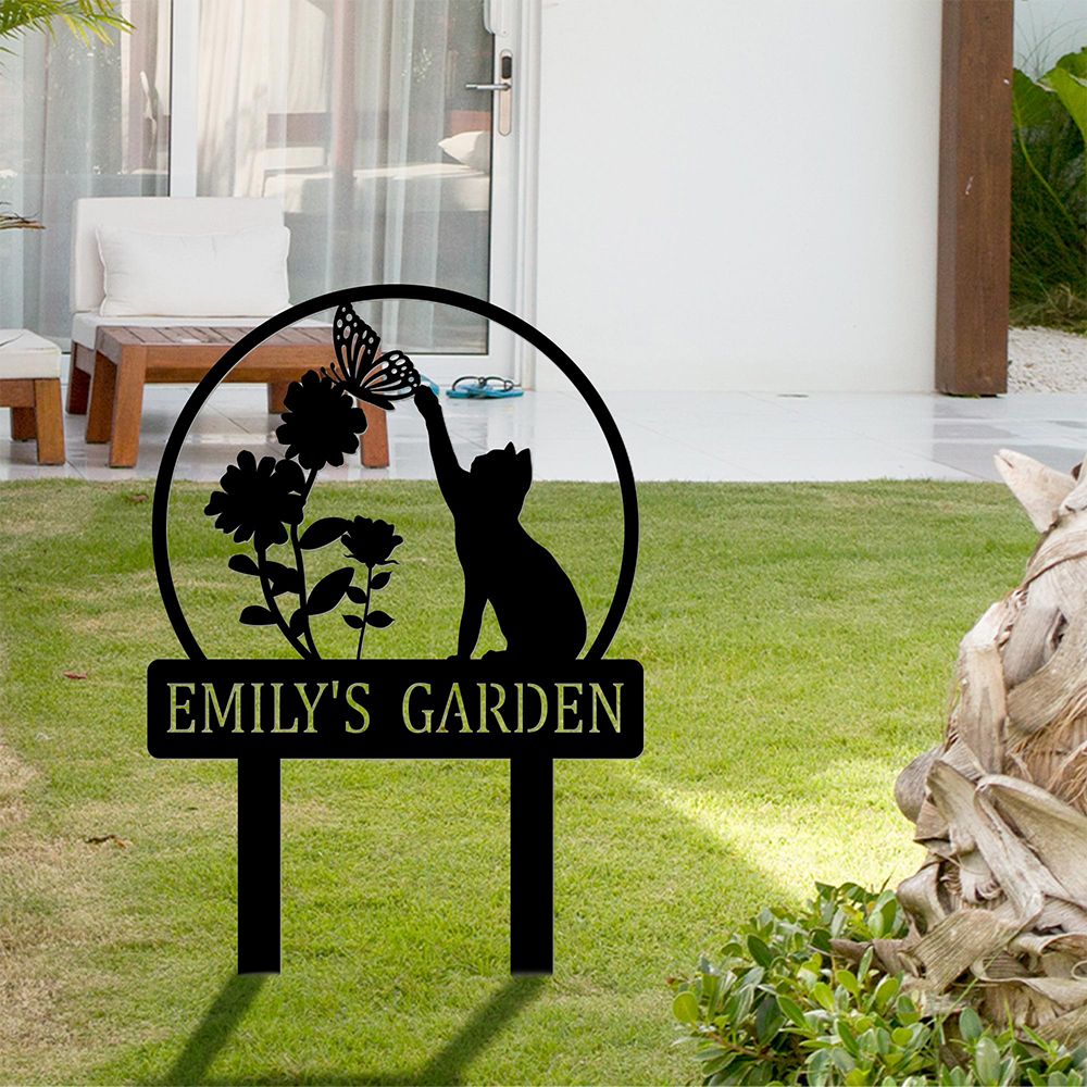 Custom Cat with Butterfly Metal Yard Art Garden Stake Sign