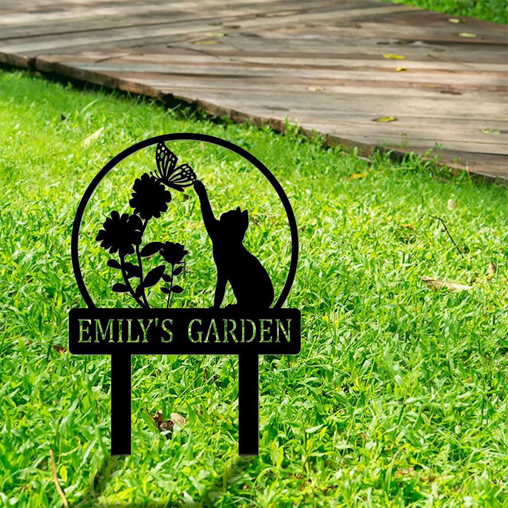 Custom Cat with Butterfly Metal Yard Art Garden Stake Sign