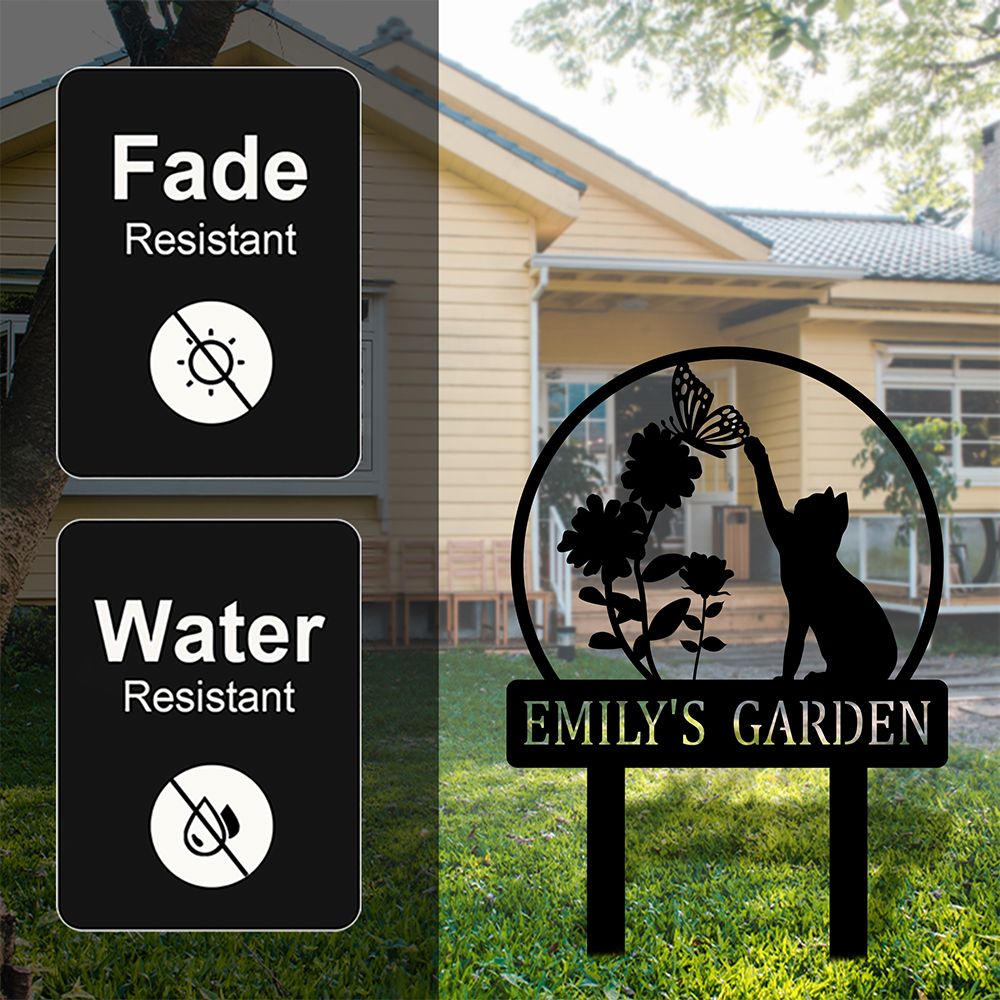 Custom Cat with Butterfly Metal Yard Art Garden Stake Sign