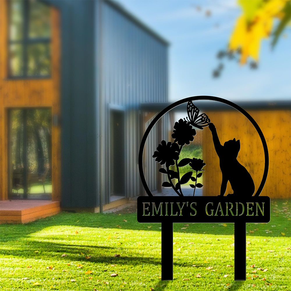 Custom Cat with Butterfly Metal Yard Art Garden Stake Sign