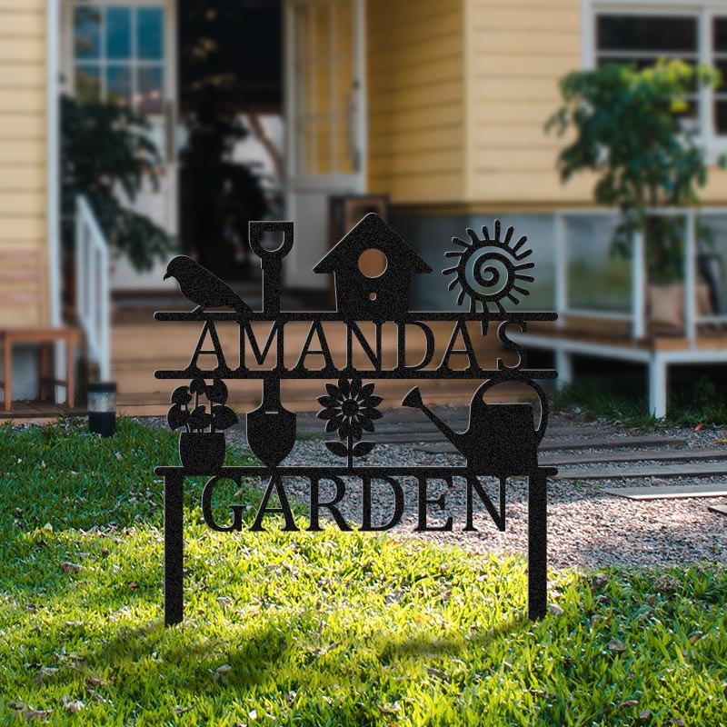 Custom Name Metal Yard Art Garden Sign with Stake