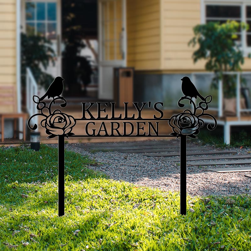 Personalized Flower Bird Name Metal Garden Sign