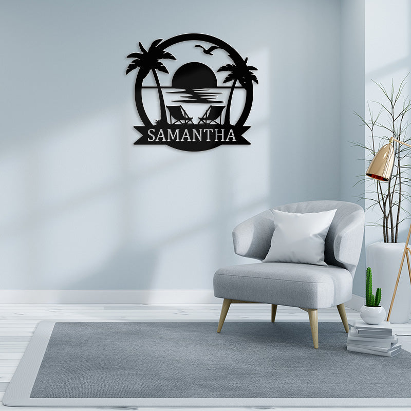 Custom Sunset Beach Palm Tree Metal Sign for Ocean Lovers