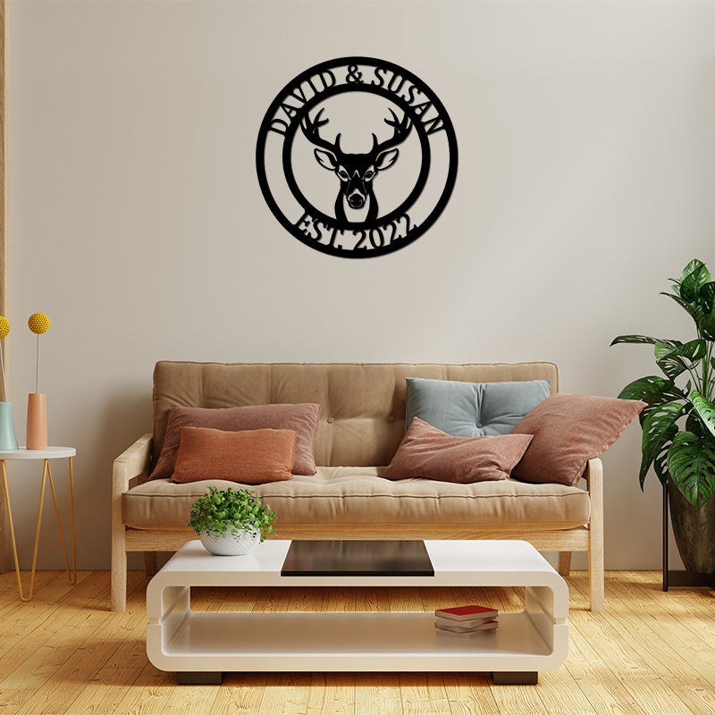 Custom Round Deer Head Name Metal Sign Antler Decor
