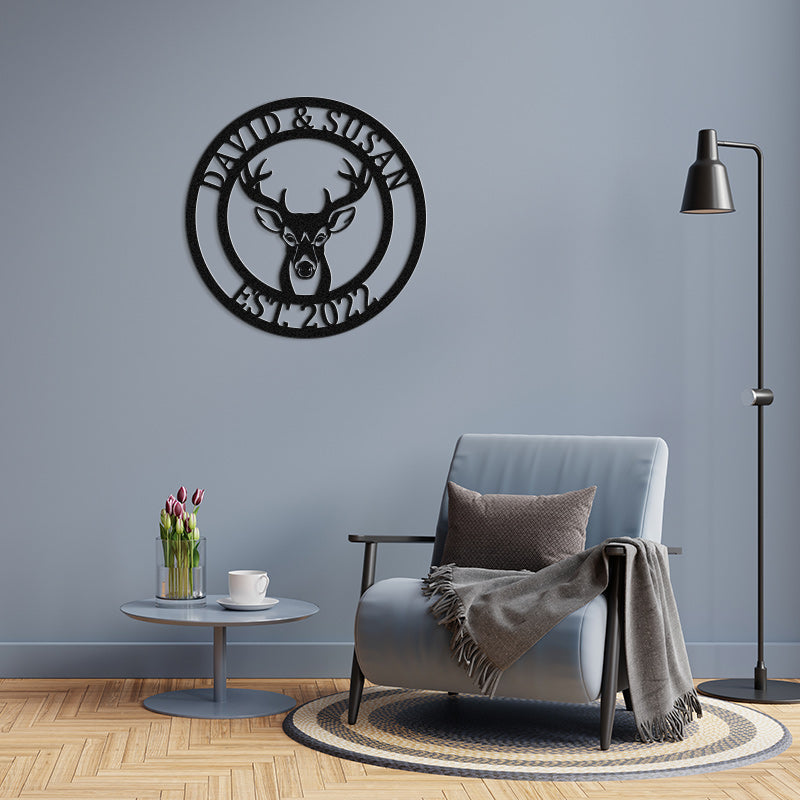 Custom Round Deer Head Name Metal Sign Antler Decor