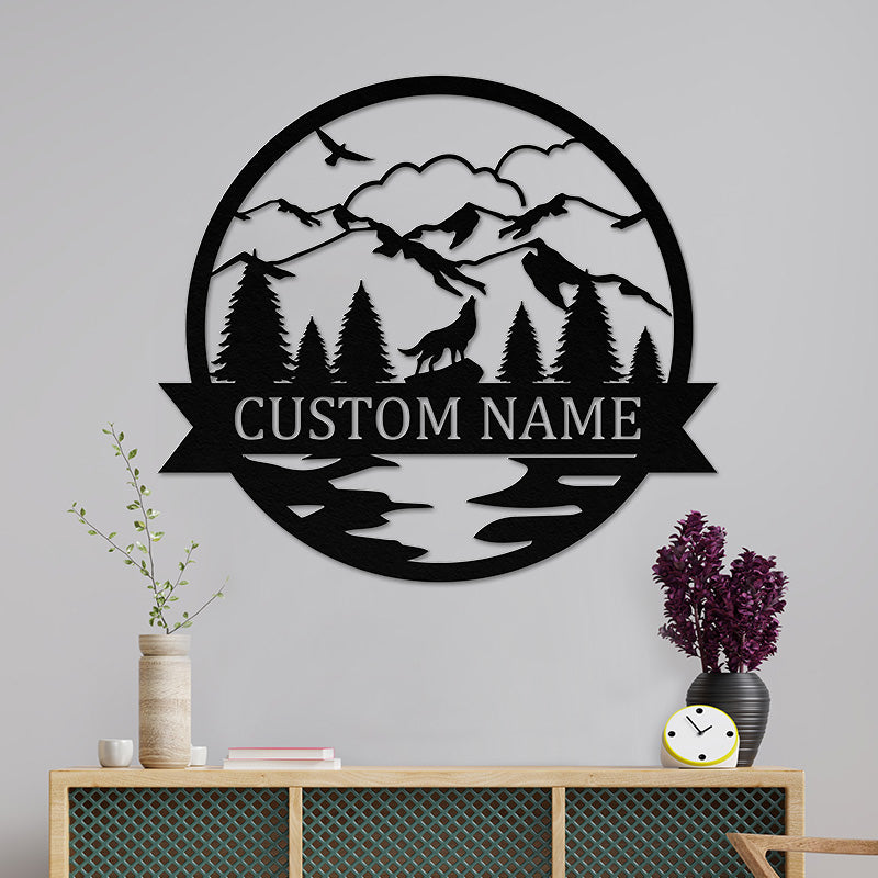 Wolf and Forest Metal Name Sign, Best Metal Wall Art For Home Decor