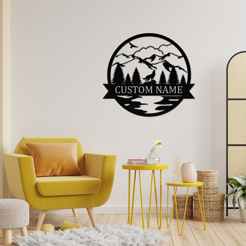 Wolf and Forest Metal Name Sign, Best Metal Wall Art For Home Decor