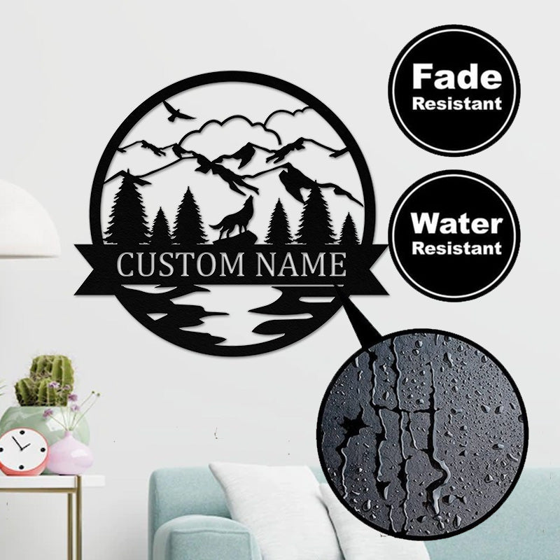 Wolf and Forest Metal Name Sign, Best Metal Wall Art For Home Decor