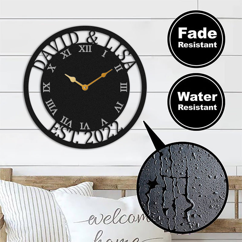 Custom Roman Numeral Family Name Metal Wall Clock