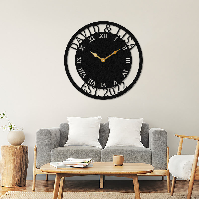 Custom Roman Numeral Family Name Metal Wall Clock