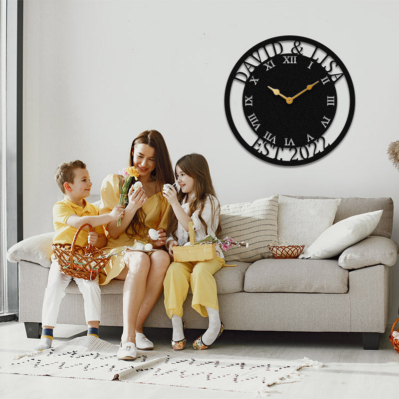 Custom Roman Numeral Family Name Metal Wall Clock